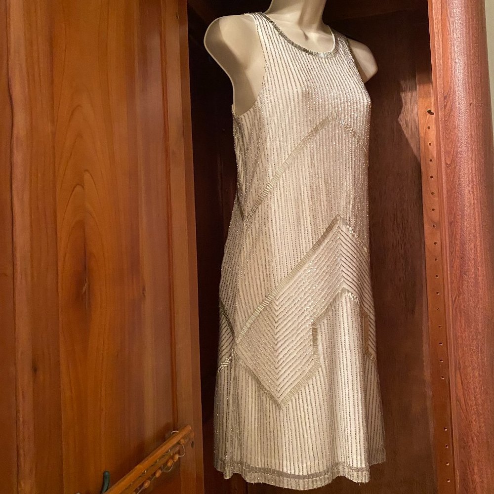 Art Deco Inspired Silver and White Beaded Dress from Adrianna Papell-NWT
